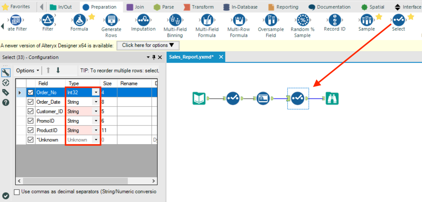 Alteryx Convert Data Type Using Select Tool1