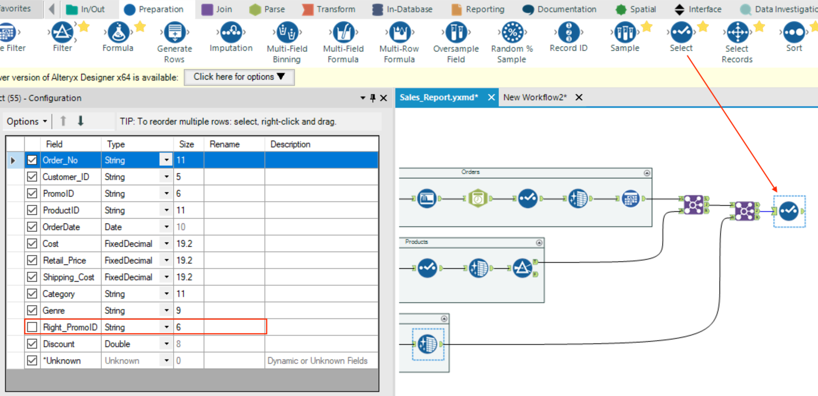 Alteryx Add Select Tool